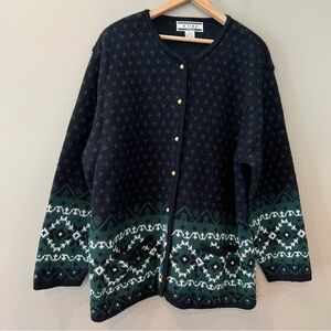 Vintage‎ Birdseye Long Cardigan Size 1X Black Green Gold Buttons